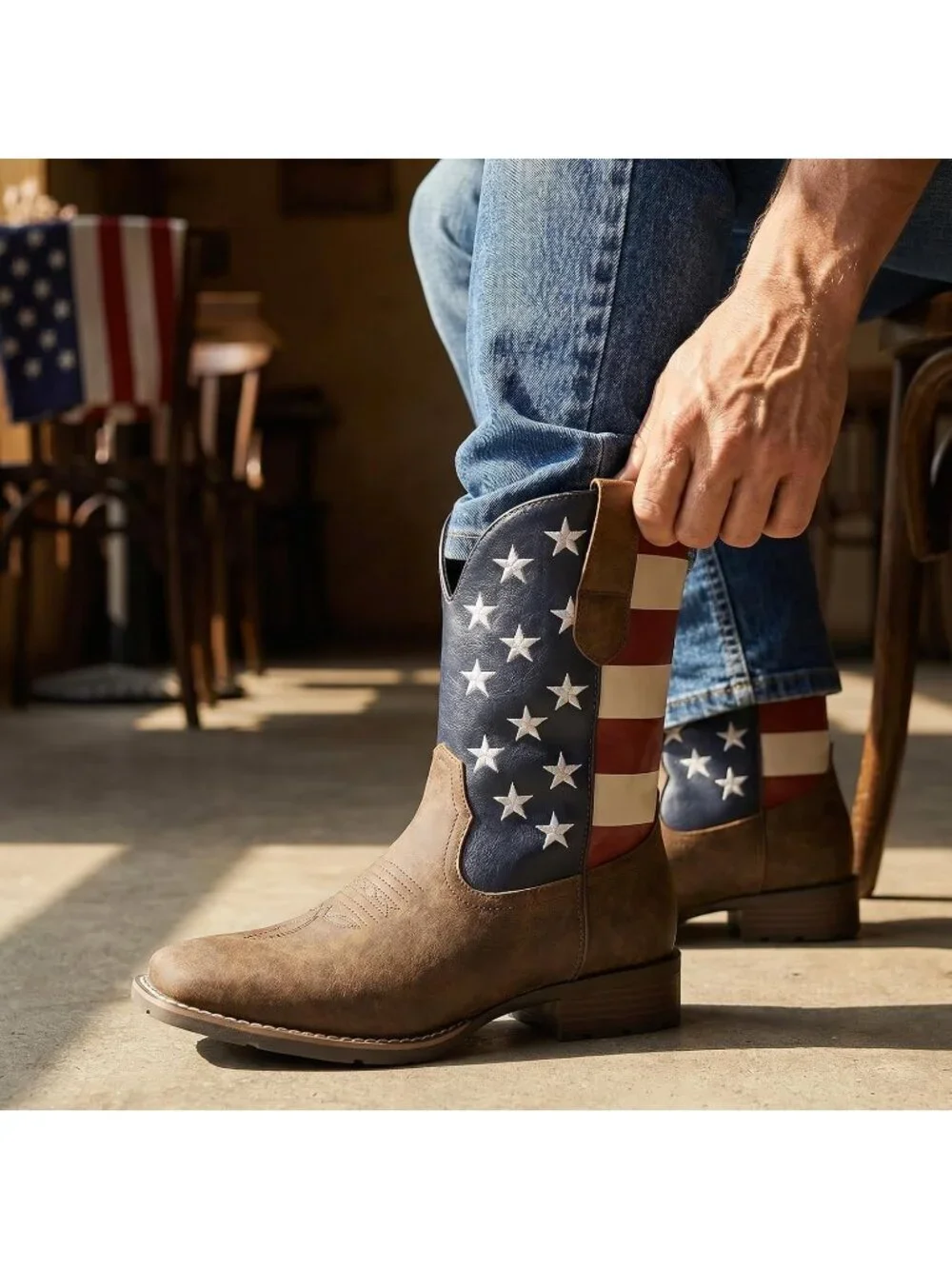 Mens Patriot Brown Faux Leather Slip On Square Toe With Classic Embroidered Boot